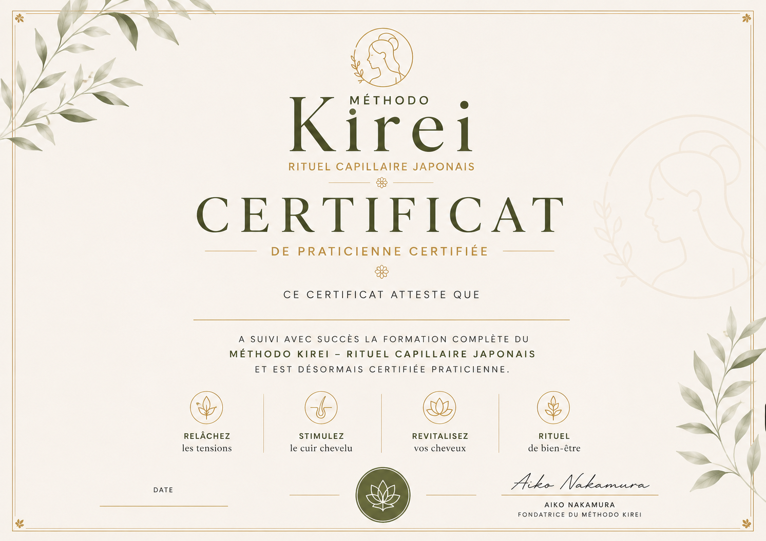 Certificat de complétion — Kirei Rituel Capillaire Japonais